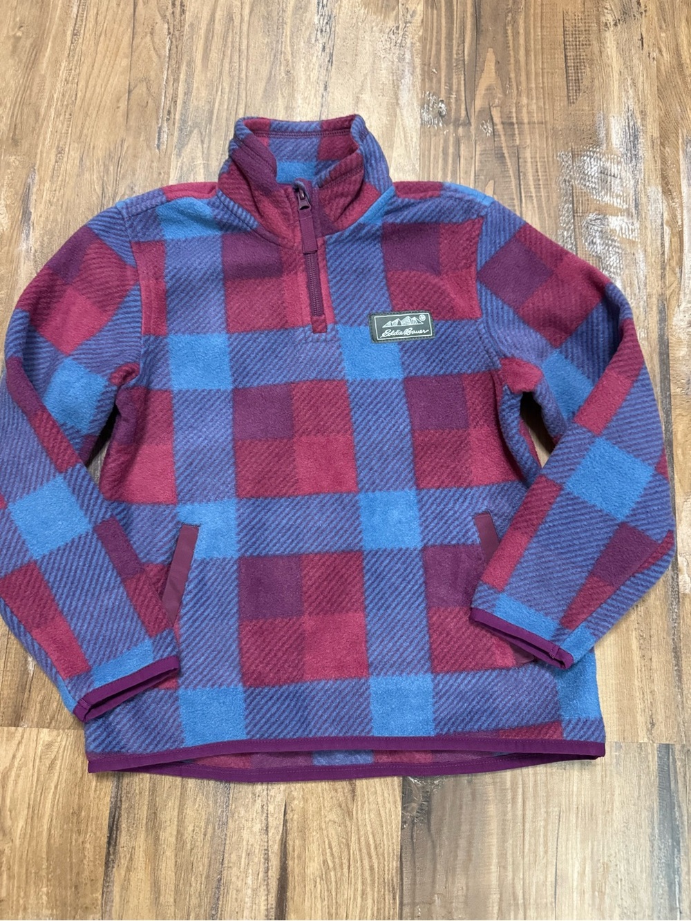 Half-Zip Plaid Fleece Pullover - Blue & Burgundy